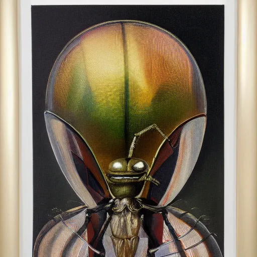 Prompt: Classical portrait of an insect alien creature with an beetle head and and large compound eyes, wearing futuristic clothing, fine art, oil painting by norman rockwell and craig wylie, brush strokes