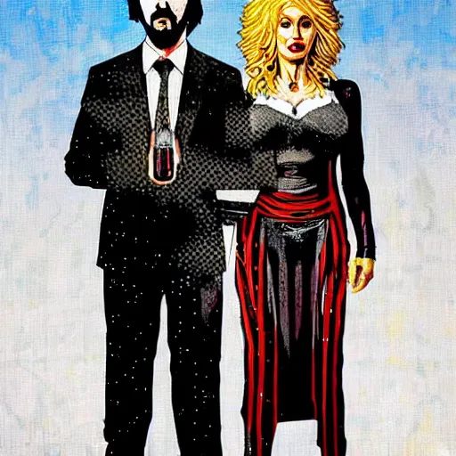 Image similar to American Gothic, with Keanu Reeves and Dolly Parton, by MARVEL comics and Sandra Chevrier