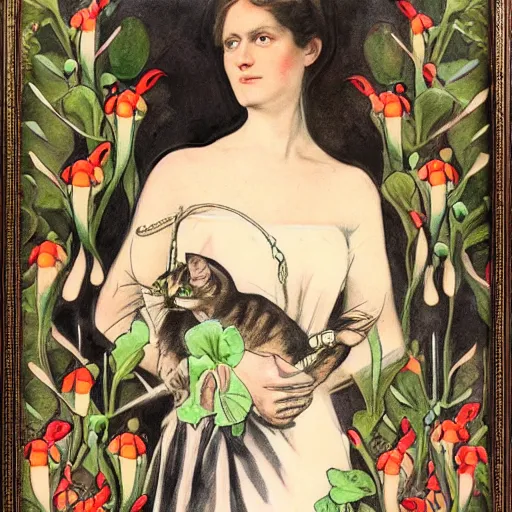 Prompt: tattoo of a prim but vulnerable victorian woman in black dress with strap hanging off one shoulder in a frame of radishes, flamingoes, and cats, in the style of john singer sargent