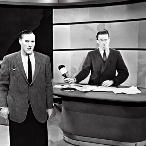 Image similar to 1 9 6 0's news show, a man in a vintage suit sitting behind a silver desk while being attacked by a giant man - eating tiger