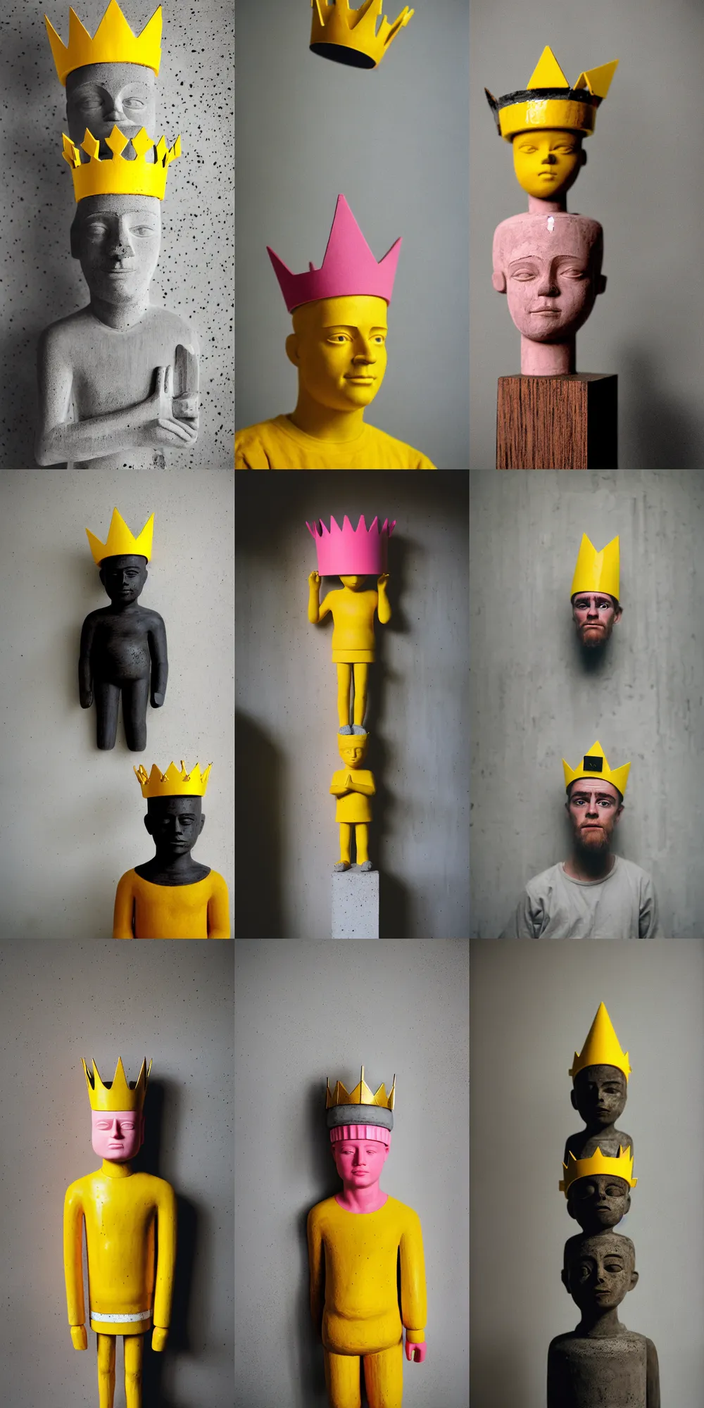 Image similar to kodak portra 4 0 0, 8 k, shot of a highly detailed, britt marling style, colour still - life portrait of a large minimalistic room, rough concrete walls, the wooden statue of a yellow black striped little man with pink crown on his head