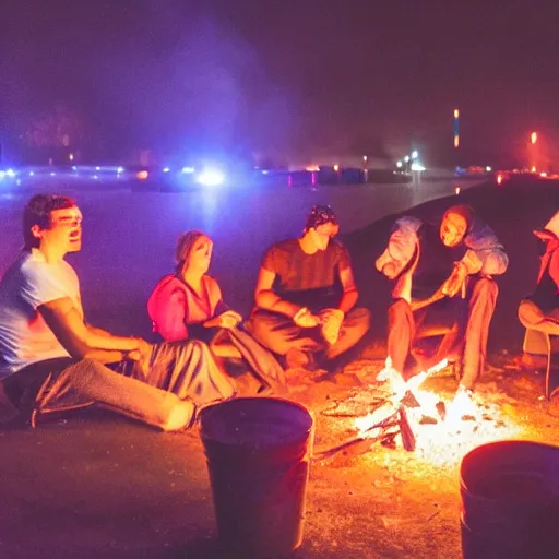 Image similar to 6 people sitting around a fire, singing. red neon lights tables nearby