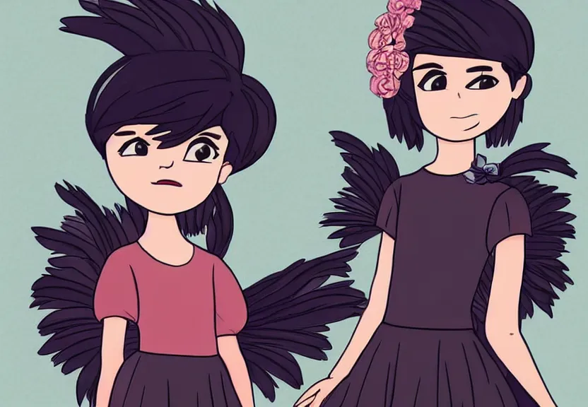 Prompt: beautiful little girl with a short black haircut wearing a dress made of black feathers, artwork in steven universe art style, anatomically perfect