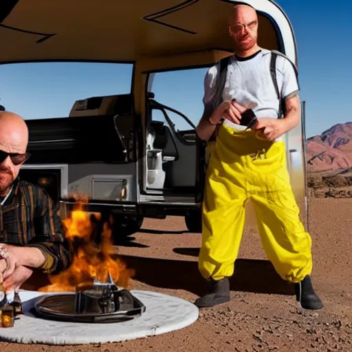 Prompt: walter white and jessie pinkman cooking meth in their rv in the desert,