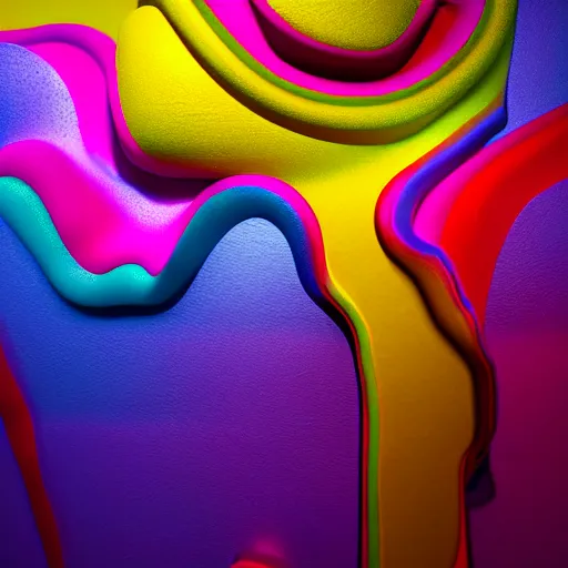 Image similar to : colorful abstract melty sculpture on the wall in modern architecture, cinematic lighting, hyper - realistic, detailed, render by c 4 d octane, unreal engine, 8 k 3 d render