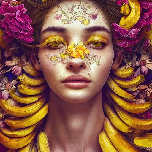 Image similar to the portrait of an unimaginably beautiful, graceful, and elegant woman made of bananas and petals, an ultrafine detailed illustration by kim jung gi, irakli nadar, intricate linework, bright colors, final fantasy, behance contest winner, angular, unreal engine 5 highly rendered, global illumination, radiant light, detailed and intricate environment