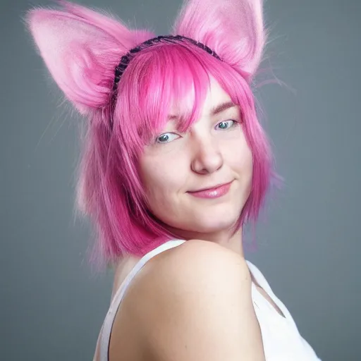 Prompt: photo of a young woman with messy medium-length pink hair and cat ears