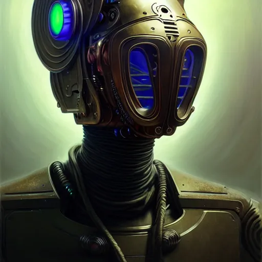 Image similar to front low angle shot of a cyberpunk gazmask robot character, intricate, elegant, highly detailed, centered, digital painting, artstation, concept art, smooth, sharp focus, illustration, artgerm, Tomasz Alen Kopera, Peter Mohrbacher, donato giancola, Joseph Christian Leyendecker, WLOP, Boris Vallejo