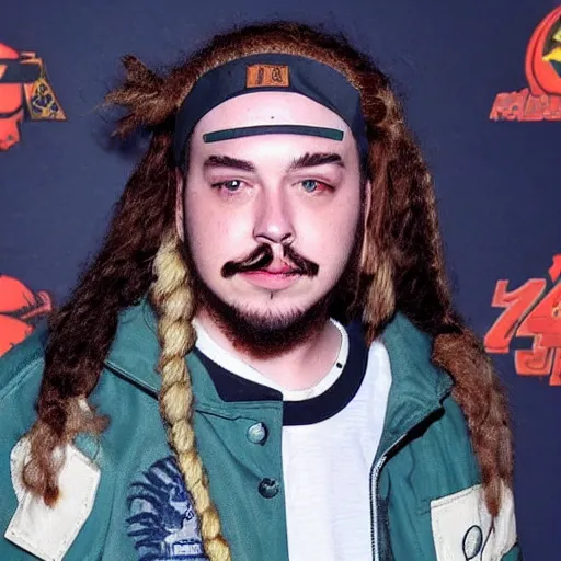 Prompt: post Malone cosplaying as Naruto, incredible outfit, high fashion,