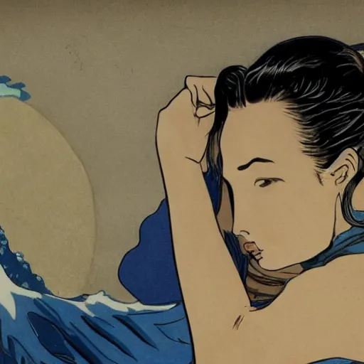 Prompt: gal gadot's beautiful face is in the great wave by hokusai, portrait