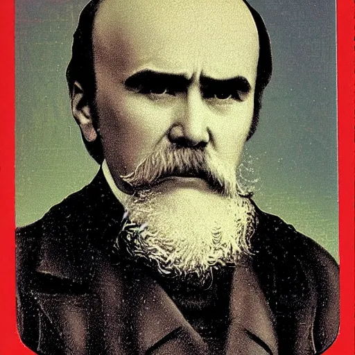 Image similar to taras shevchenko. face like in his portraits. old, balding, very long moustache. intricate sticker design by andy warhol