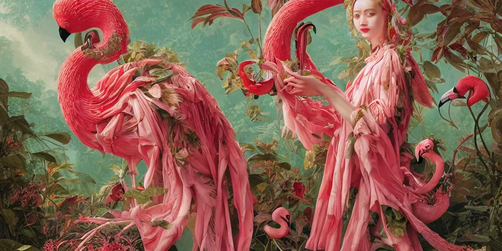 Prompt: breathtaking detailed concept art painting of the goddess of flamingo, orthodox saint, with anxious, piercing eyes, ornate background, amalgamation of leaves and flowers rafflesia arnoldii, by Hsiao-Ron Cheng and John James Audubon, extremely moody lighting, 8K