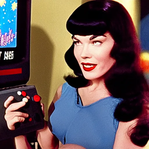 Prompt: a still of Bettie Page playing with a NES controller, in the movie 2001 A Space Odyssey, highly detailed and intricate, cinematic lighting, 4k HDR