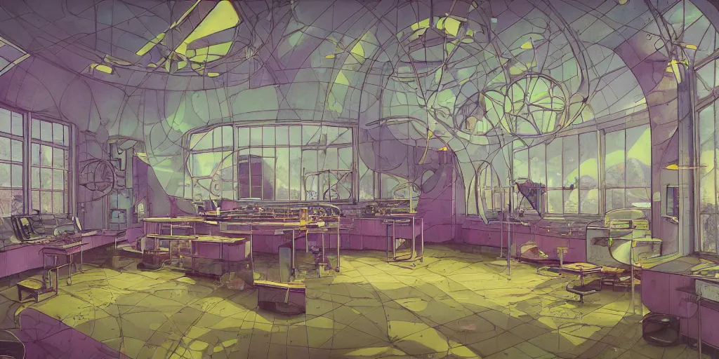 Image similar to illustrated 90s science lab interior with organic circular windows, natural starlight, bright colors, romantic greenery, flowers, cinematic, cyberpunk, smooth, chrome, lofi, nebula, calming, dramatic, fantasy, by Moebius, by zdzisław beksiński, fantasy LUT, studio ghibli, high contrast, epic composition, sci-fi, dreamlike, surreal, angelic, 8k, unreal engine, hyper realistic, fantasy concept art,