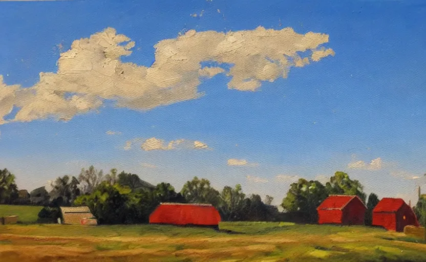 Image similar to old oil painting of a farm with blue sky