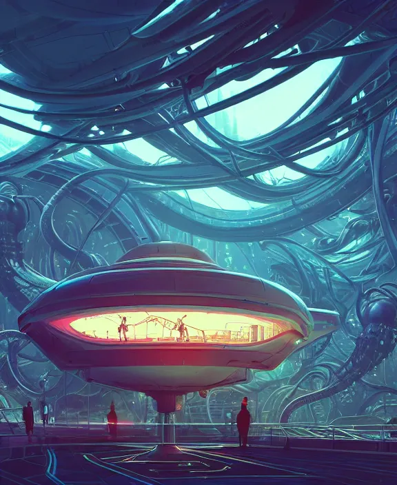 Image similar to simplicity, an amusement park made out of simple alien creatures, simple biological forms, internal organs, in the style of an asymmetrical spaceship, apocalyptic environment, by dan mumford, yusuke murata, makoto shinkai, ross tran, cinematic, unreal engine, cel shaded, featured on artstation, pixiv