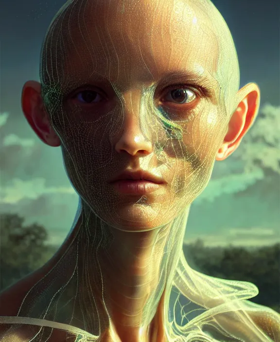 Prompt: intricate transparent clear see - through portrait of a terrifying beautiful alien insect, mottled coloring, adorable, childlike, pastoral environment, ultra realistic, concept art, art nouveau, photorealistic, octane render, 8 k, unreal engine. art by christopher marley and artgerm and greg rutkowski and alphonse mucha