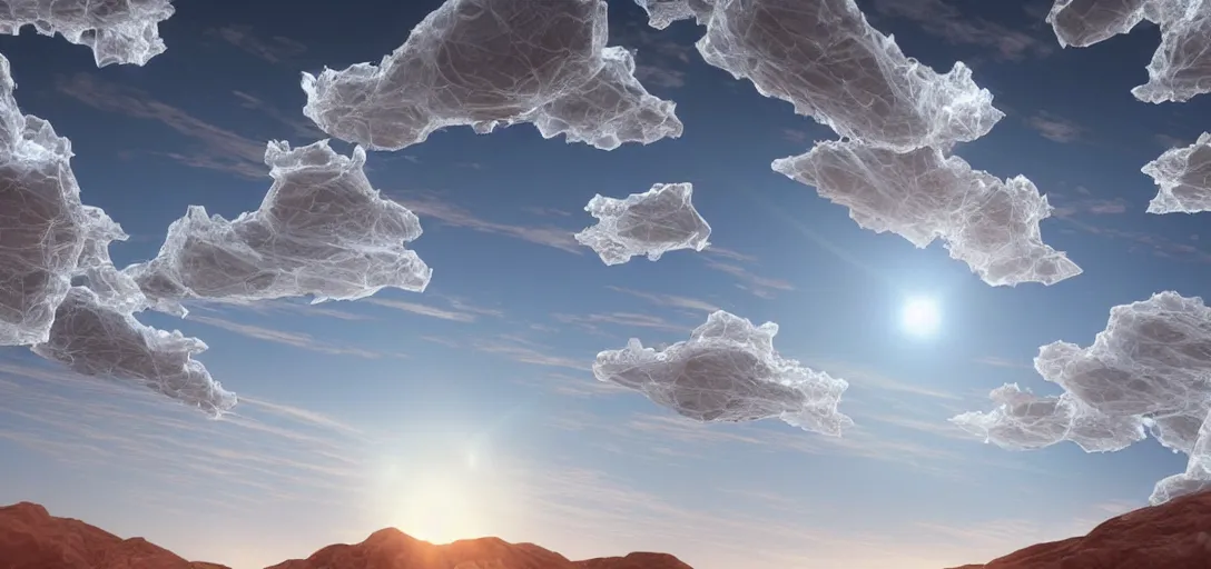 Prompt: an amazingly stunning picture of a transparent crystal structure floating high up in the sky over a desert, entrapping the souls that got lost in the desert, intricate detail, sunset, serene, volumetric lighting, volumetric clouds, 8 k, photorealistic, digital art trending on artstation