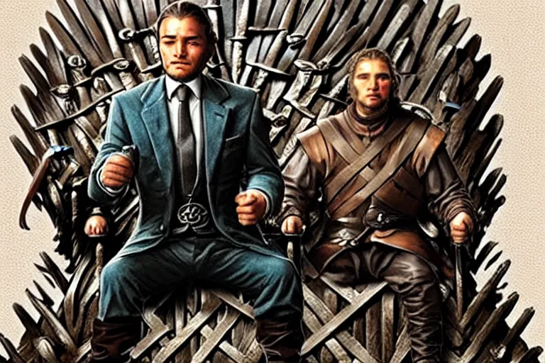 Prompt: man sitting, on a throne made of dollars, in the style of alex ross, game of thrones