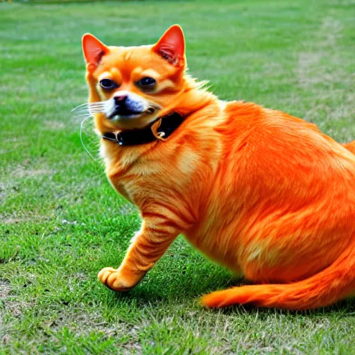 Prompt: a big fat orange cat chasing a small tan chihuahua