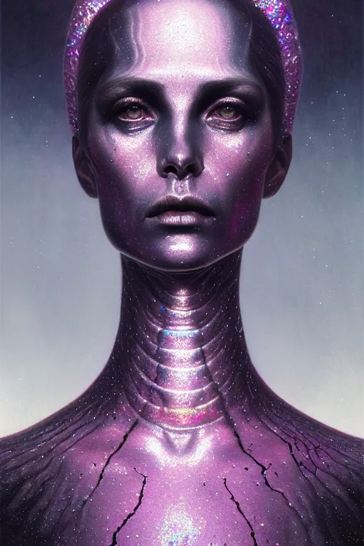 Prompt: pearlescent black lilith! the mother of all creatures! stares into the void, covered in iridescent glitter!! pink veins, raining ash, fine art masterpiece, highly detailed dino valls wayne barlowe machiej kuciara, dramatic lighting, medium shot, side angle, uhd 8 k, sharp focus