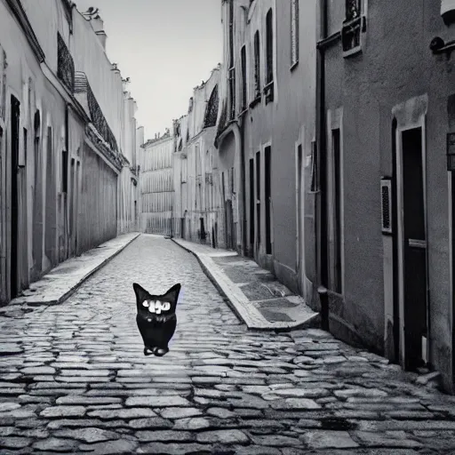 Prompt: Une photo professionnelle en noir et blanc de plusieurs chats noirs dans une ruelle de Paris , deviantart, réalisme, tendance sur artstation, éclairage volumétrique, ray tracing, 8k