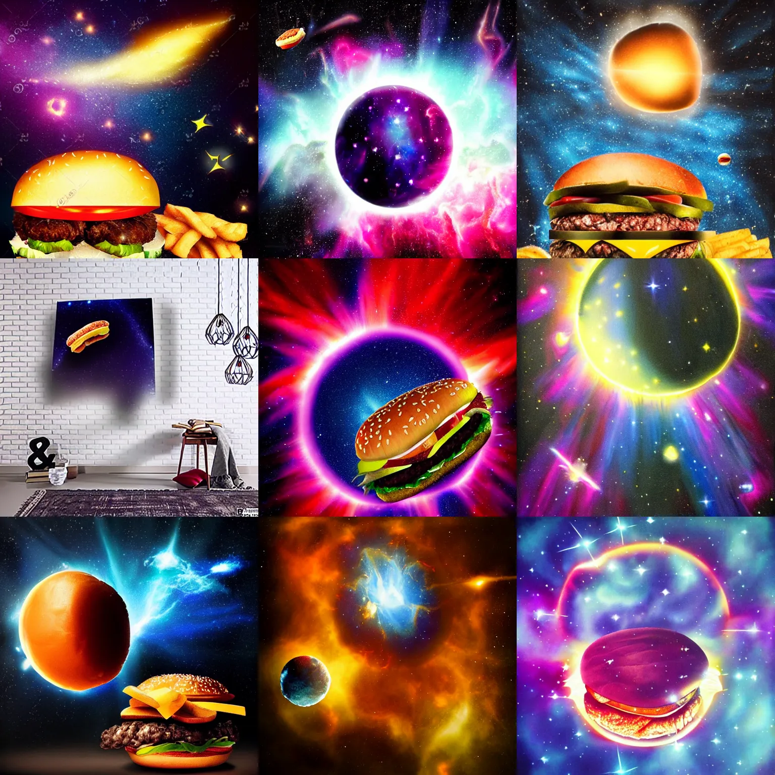 Prompt: beautiful lighting, chiaroscuro, a cheeseburger flying apart in space. nebula background. airbrush art