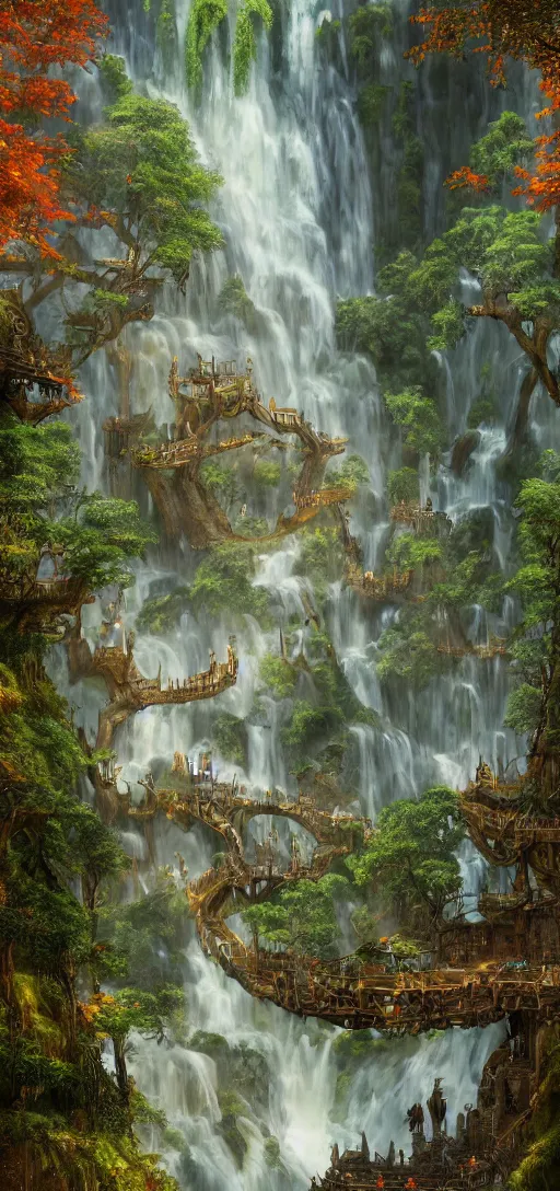 Image similar to a wooden elven City with golden roofs, with arches and bridges on top of a WATERFALL in the fall , gnarly trees, lush vegetation, forrest, a small stream runs beneath the waterfall, landscape, raphael lacoste, eddie mendoza, alex ross, concept art, matte painting, highly detailed, rule of thirds, dynamic lighting, cinematic, detailed, denoised, centerd