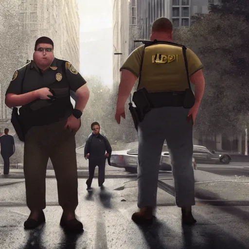 Prompt: fbi confronting a fat kid, realistic, 8 k, extremely detailed, cgi, trending on artstation, hyper - realistic render, 4 k hd wallpaper, premium prints available, by greg rutkowski