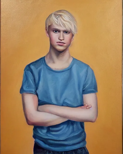 Image similar to awkward cute blond man who is awkward and is also awkward, feminine man, handsome and attractive, cute face, thin, short, very detailed oil painting, oil on canvas