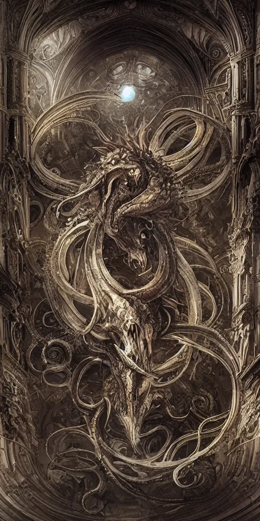 Image similar to enormous Ouroboros floating around inside an ancient mage castle hall colossal scale, gothic and baroque, brutalist architecture, ultradetailed, intricate details by Ellen Jewett and Ayami Kojima