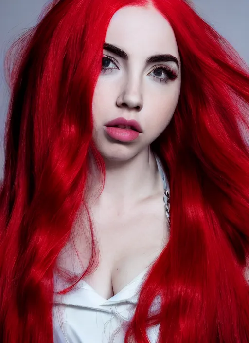 Image similar to ava max bright red hair photographed by charlotte rutherford, canon, highly realistic. high resolution. highly detailed. dramatic. 8 k. 4 k.