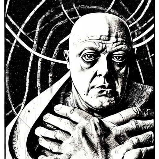 Image similar to graphic illustration, creative design, aleister crowley, biopunk, francis bacon, highly detailed, hunter s thompson, occult, magical, concept art