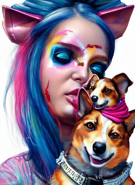 Prompt: beautiful portrait painting of an attractive hiphop graffiti cyberpunk princess girl and her corgi, by Afarin Sajedi, Alessandro Barbucci, Alex Gross, Shin Jeongho, Shohei Otomo. trending on Artstation, 8k, masterpiece, face enhance, graffiti paint, fine detail, full of color, intricate detail, golden ratio illustration