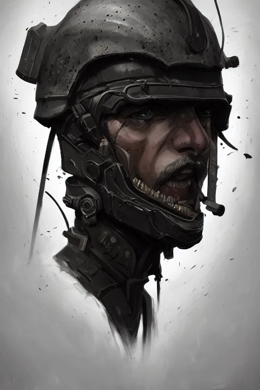 Prompt: a portrait of humanization of war, grim - lighting, high - contrast, intricate, elegant, highly detailed, digital painting, artstation, concept art, smooth, sharp focus, illustration