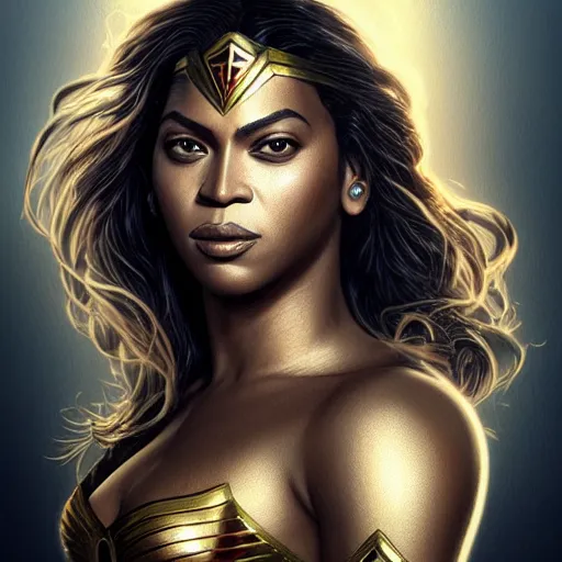 Image similar to full figure ultra realistic illustration, beyonce as wonder woman, beautiful, intricate, elegant, highly detailed, digital painting, artstation, concept art, smooth, sharp focus, illustration, art by artgerm and greg rutkowski and alphonse mucha