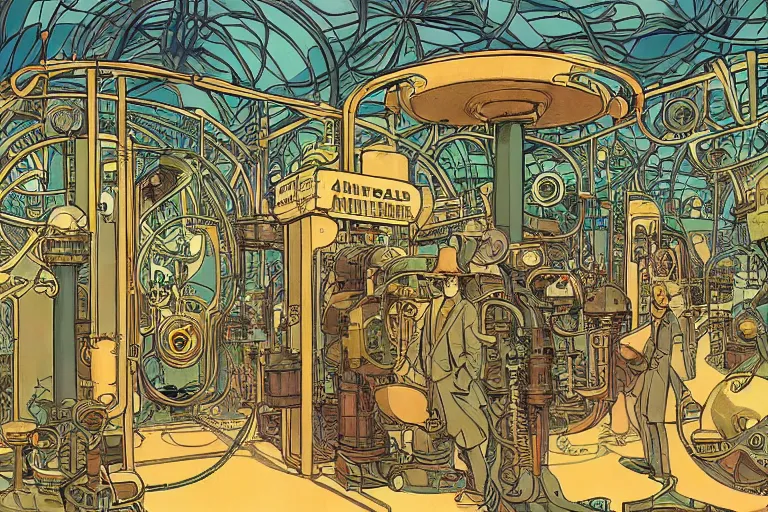 Image similar to front view on steampunk lab with big vapor tubes and alchemy equipment, mad scientist working, giant video screens, sci - fi vending machine, big plants, clock, retrofuturism, concept art by mucha and moebius and victo ngai, clean line, diesel punk