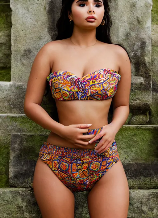 Image similar to portrait of demi rose wearing batik tube top in bali temple, by charlotte grimm, natural light, detailed face, beautiful features, symmetrical, canon eos c 3 0 0, ƒ 1. 8, 3 5 mm, 8 k, medium - format print,