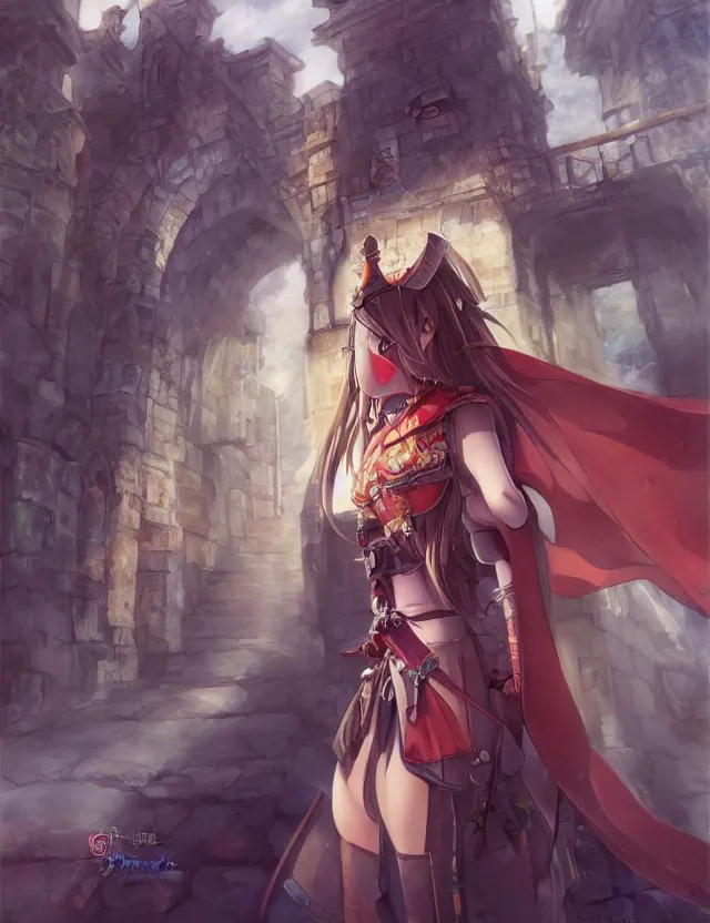 Image similar to anime scenery, wide angle portrait of a teenage girl in town center, confident knight's outfit, anime in fantasy style, trending artwork, painted in anime painter studio, by anato finstark, tony sart, marc simonetti and an anime artist, collaboration
