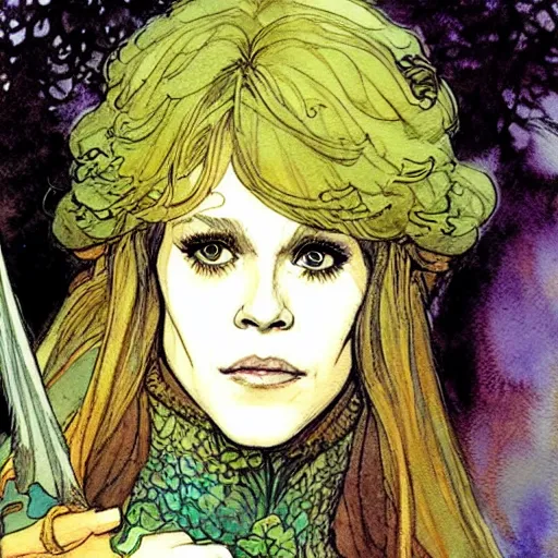 Prompt: a realistic and atmospheric watercolour fantasy character concept art portrait of a young jane fonda as a druidic warrior wizard looking at the camera with an intelligent gaze by rebecca guay, michael kaluta, charles vess and jean moebius giraud
