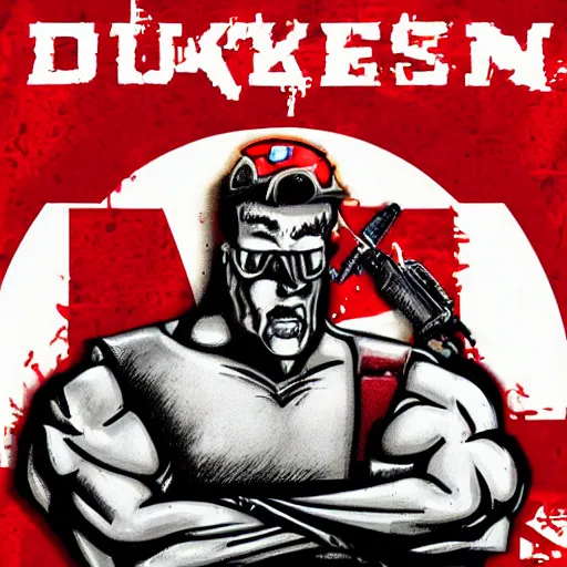 Prompt: Duke Nukem, red tank-top, Duke Nukem 90s cover art style