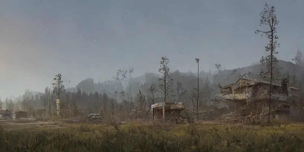 Prompt: abandoned civilisation at morning, landscape painted by simon stalenhag