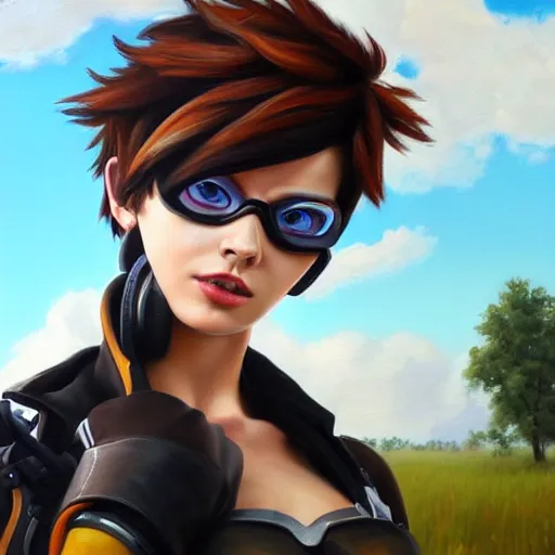 Image similar to oil painting of tracer overwatch in a field, in style of mark arian, expressive face, very detailed face, wearing black leather choker, very detailed eyes, full body, feminine face, detailed makeup on eyes,