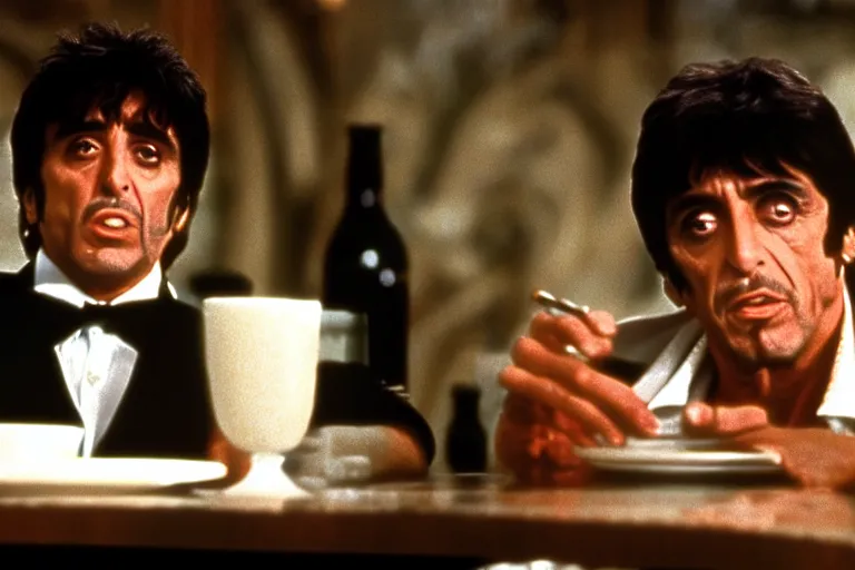 Prompt: tony montana from movie scarface 1 9 8 3 sitting behind a big black oak table with big large packages of flour. al pacino. perfect symmetric face, coherent eyes, ron cobb, fine details, cinestill, 4 k. last scene from scarface movie, bokeh