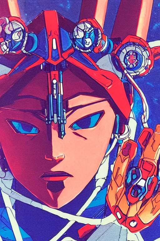 Image similar to risograph grainy painting of gigantic huge evangelion - like gundam mech face, with huge earrings and rings around head with a lot of details, covered with rich jewelry, blue hour, twilight, by moebius and dirk dzimirsky and satisho kon, close - up wide portrait