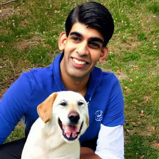 Image similar to rishi sunak holding a dog, photorealistic