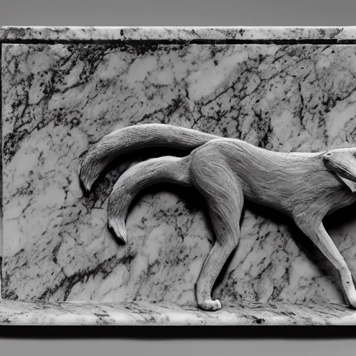 Image similar to A marble sculpture of a fox. Intricate detail, museum photo