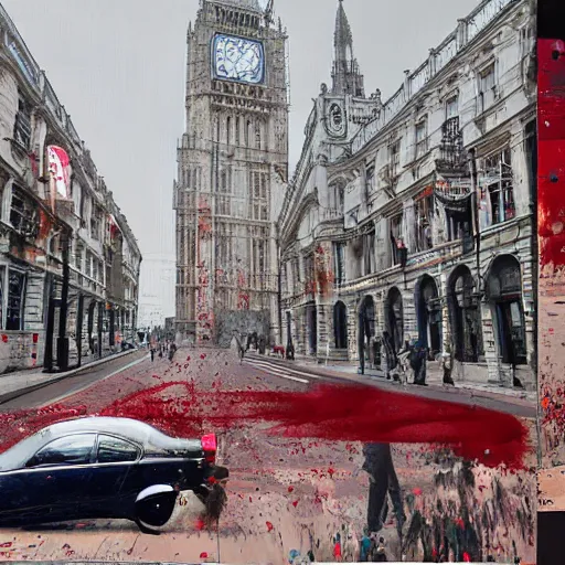 Prompt: A British European City with cars and people roaming inside of the city, certain aspects of the background are lens blurred, splatters of red on the border of the image, some of the people are even painted red, black and white photograph painting, real life, realistic, hyperrealistic, very realistic, photo photograph, photo, photograph, painting, oil painting, ultra realistic, very detailed, extremely detailed, highly detailed, HD Quality, 4k resolution, 8k resolution, trending on artstation, in the style of an Album Cover, cool, epic, nostalgic, intricate details