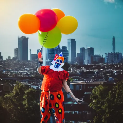 Image similar to photo of a clown on top of a house with a balloon in his left hand, taken with canon eos - 1 d x mark iii, bokeh, sunlight, studio 4 k