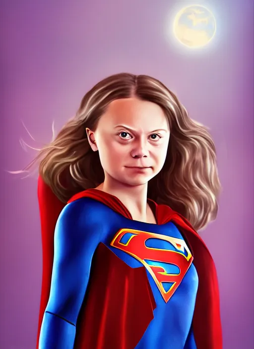 Image similar to greta thunberg as supergirl, detailed digital art, trending on Artstation